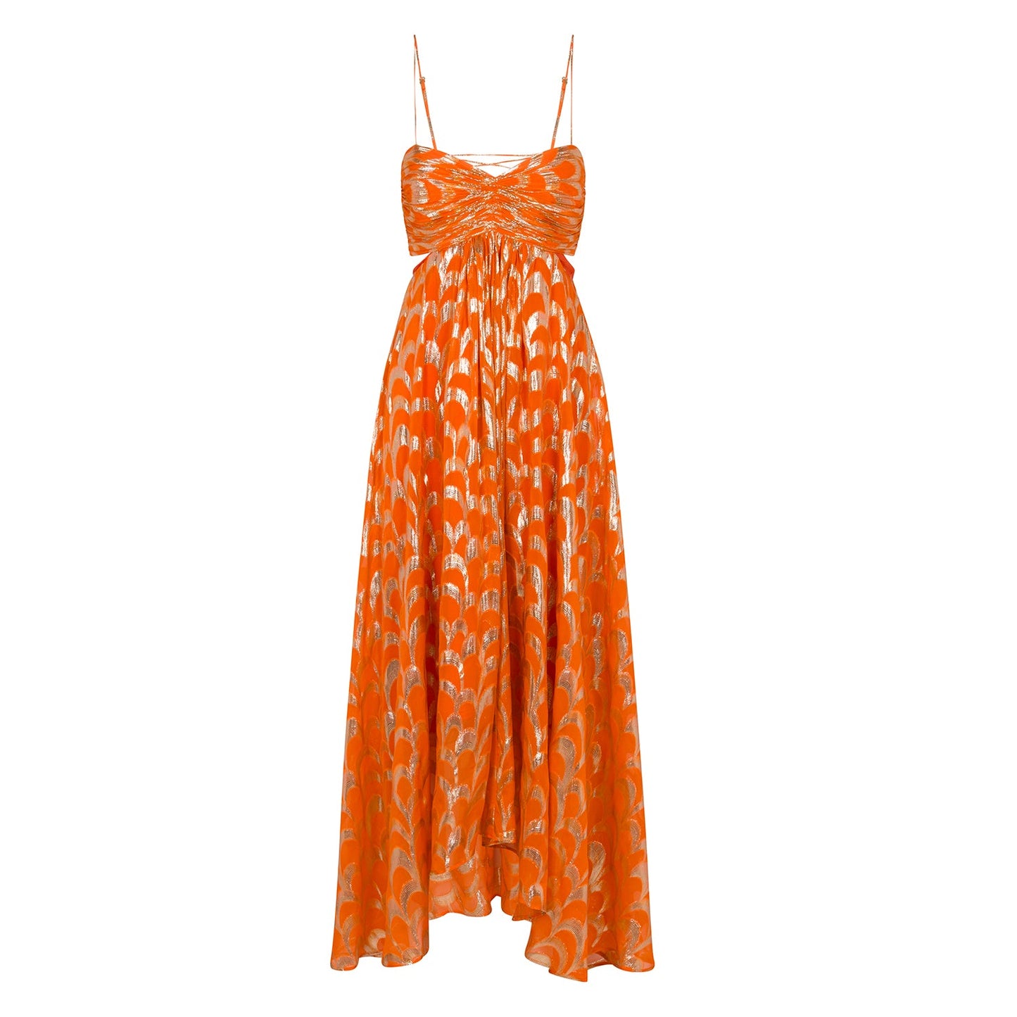 Women's bright orange maxi dress featuring a metallic gold scallop pattern, a ruched sweetheart bodice, side cut-outs, and a voluminous skirt.