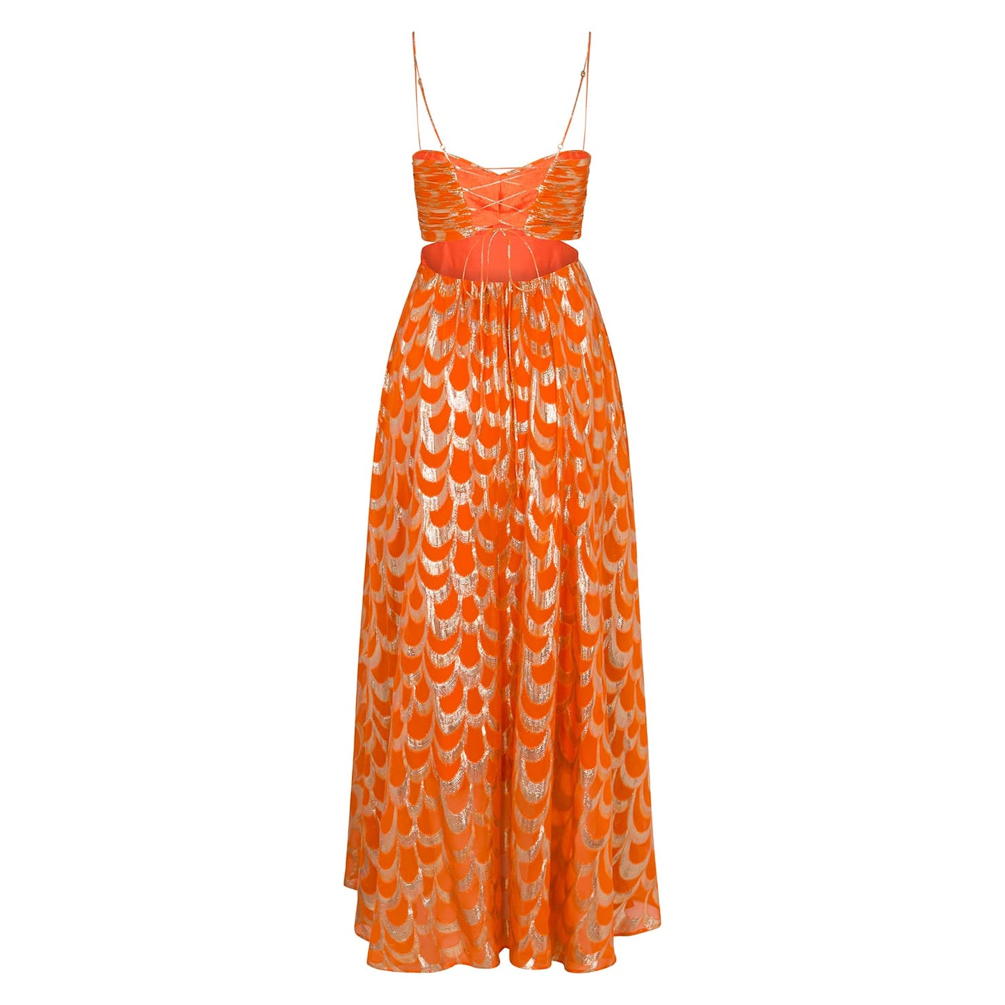 Women's bright orange maxi dress featuring a metallic gold scallop pattern, a ruched sweetheart bodice, side cut-outs, and a voluminous skirt.