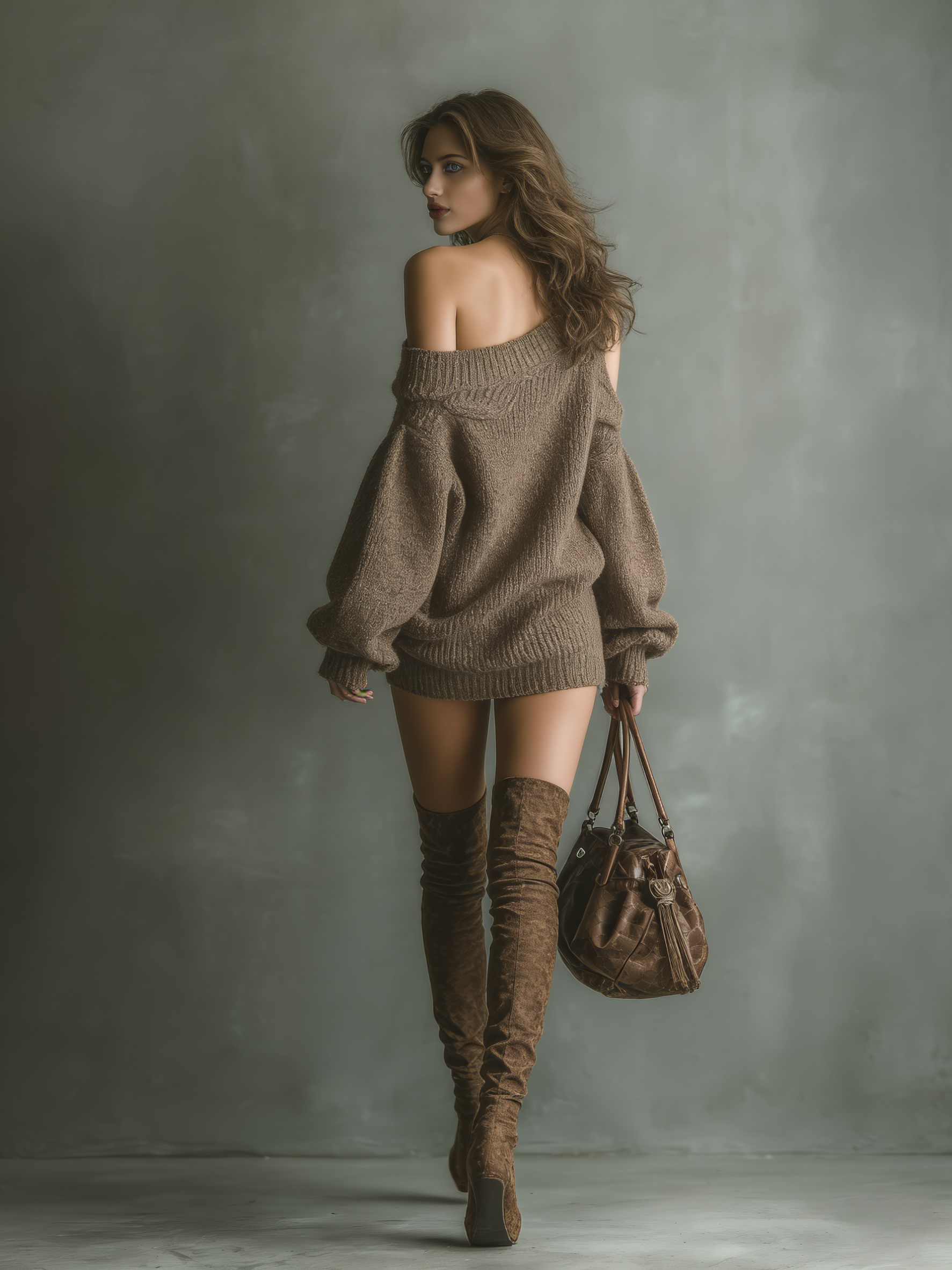 Brown - A model wearing a brown, heavy-gauge ribbed knit mini dress with an asymmetric off-shoulder neckline and voluminous balloon sleeves, paired with thigh-high brown suede boots.