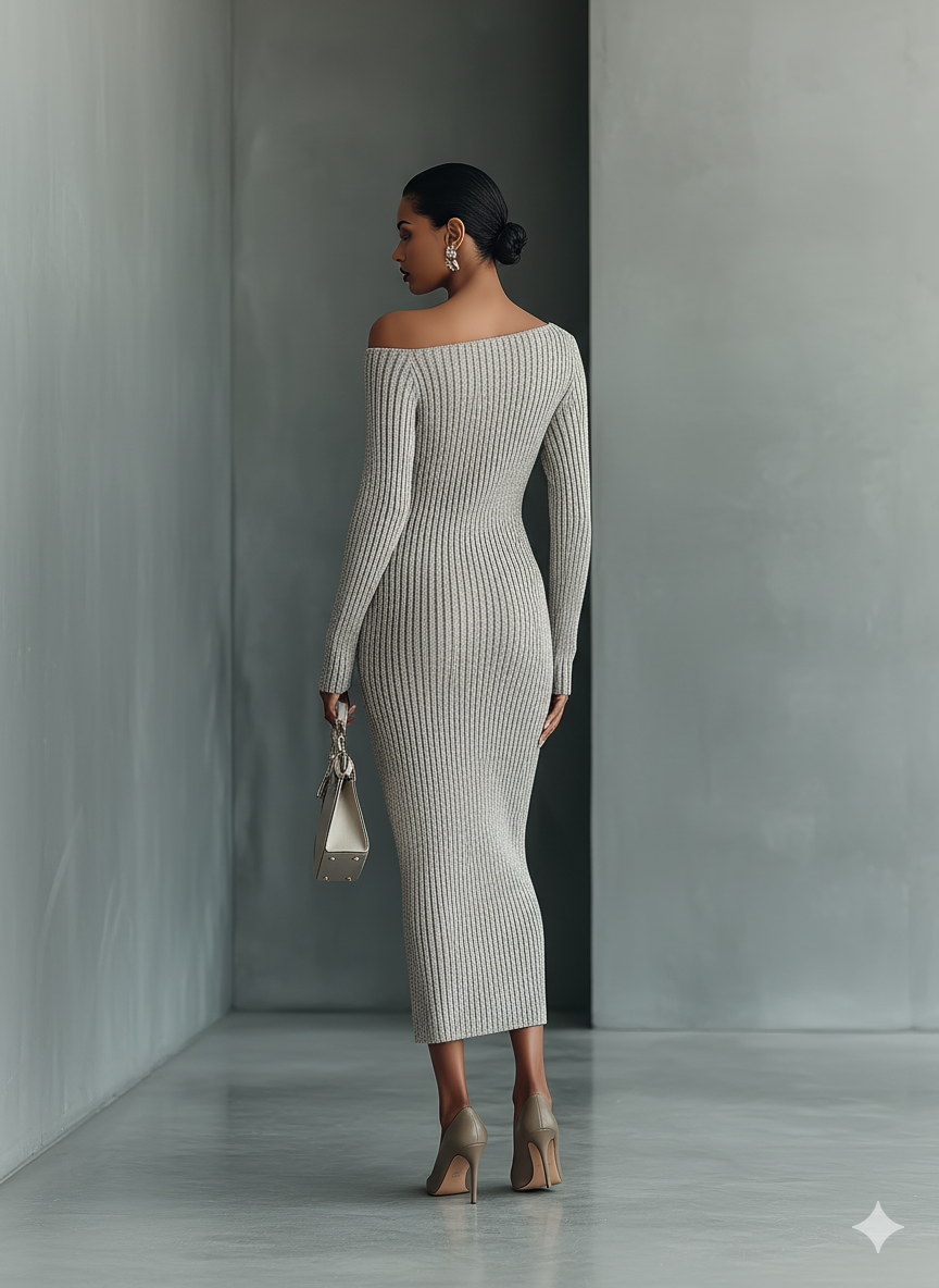 Gray - A woman wearing a grey ribbed knit off-the-shoulder maxi dress with long sleeves, a side slit, and a side pocket, holding a structured handbag.