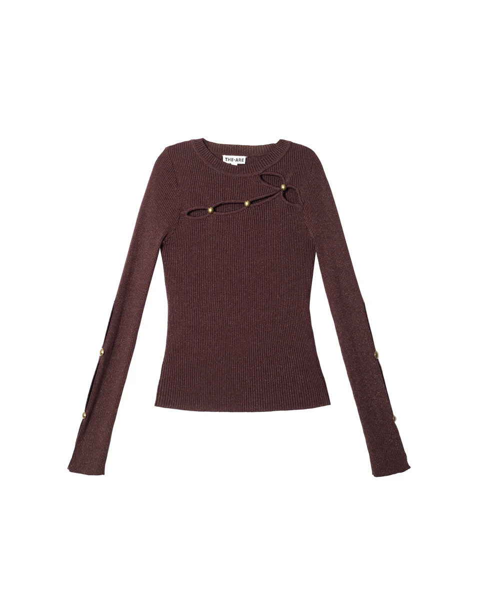 BROWN - Women's dark burgundy ribbed knit long-sleeve top featuring cut-out details across the chest and forearms, held together by round metallic hardware.