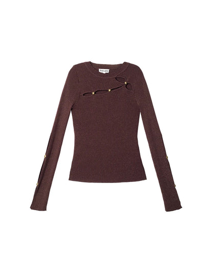 BROWN - Women's dark burgundy ribbed knit long-sleeve top featuring cut-out details across the chest and forearms, held together by round metallic hardware.