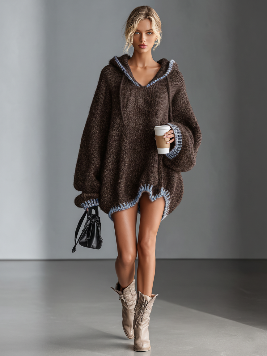Dark Brown - A woman wearing an oversized charcoal grey textured knit hooded jumper with contrast pink whipstitch detailing on the hood, cuffs, and hem, styled with beige lace-up boots.