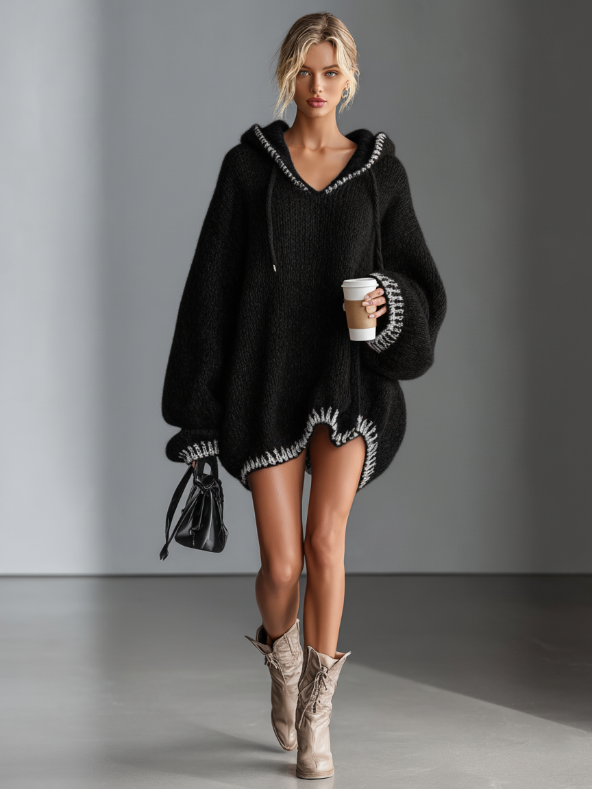 Black - A woman wearing an oversized charcoal grey textured knit hooded jumper with contrast pink whipstitch detailing on the hood, cuffs, and hem, styled with beige lace-up boots.
