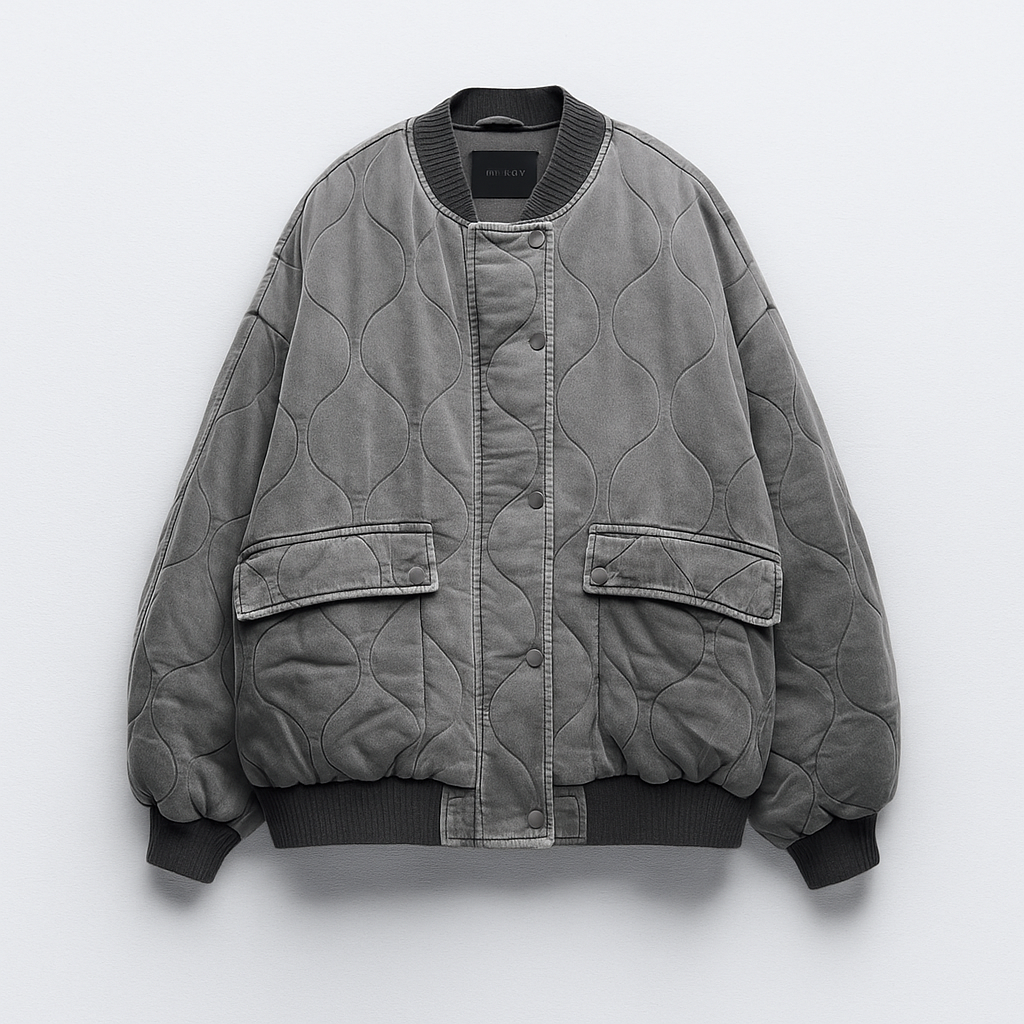 Gray - Women's heavyweight grey oversized bomber jacket featuring a wavy quilted pattern, ribbed collar and cuffs, and front flap pockets.