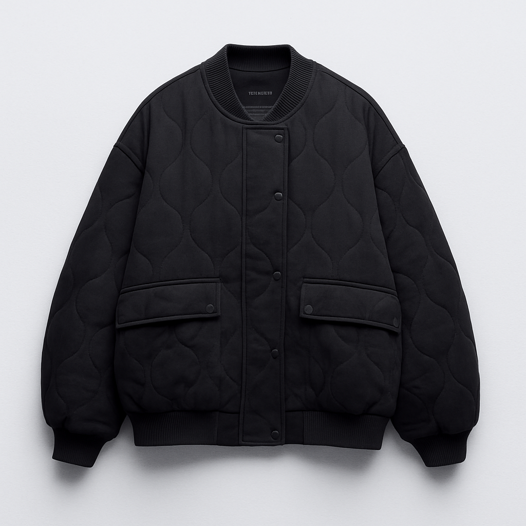 Black - Women's heavyweight grey oversized bomber jacket featuring a wavy quilted pattern, ribbed collar and cuffs, and front flap pockets.