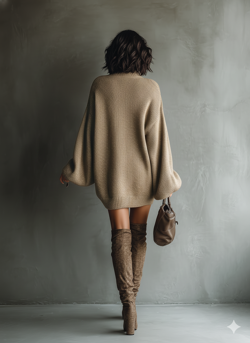 Gray - A person wearing an oversized, taupe-brown ribbed knit high-neck jumper with slouchy balloon sleeves, styled with matching over-the-knee boots.