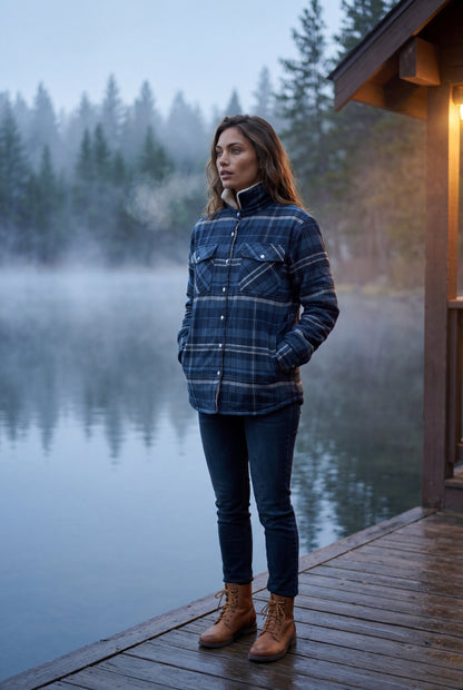Orange - A woman wearing a brown plaid check shirt jacket with a cream-coloured sherpa lining, styled with dark blue slim-fit jeans and brown leather lace-up boots against a plain grey background.