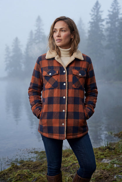 Orange - A woman wearing a brown plaid check shirt jacket with a cream-coloured sherpa lining, styled with dark blue slim-fit jeans and brown leather lace-up boots against a plain grey background.