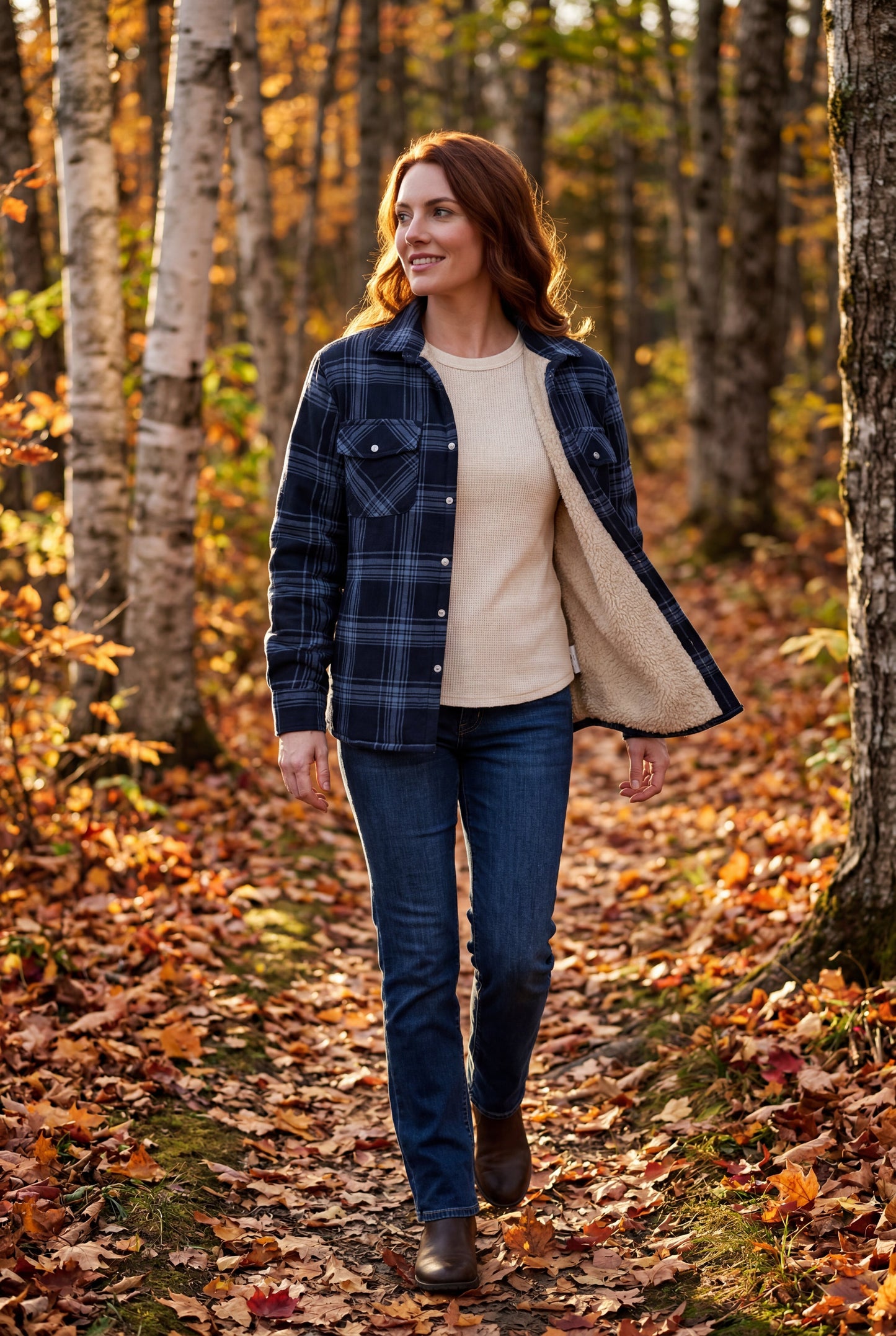 Denim Blue - A woman wearing a brown plaid check shirt jacket with a cream-coloured sherpa lining, styled with dark blue slim-fit jeans and brown leather lace-up boots against a plain grey background.