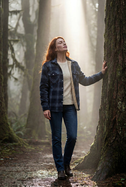 Denim Blue - A woman wearing a brown plaid check shirt jacket with a cream-coloured sherpa lining, styled with dark blue slim-fit jeans and brown leather lace-up boots against a plain grey background.