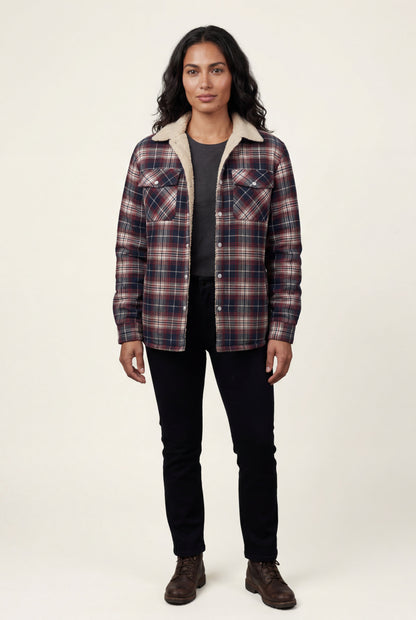 Denim Blue - A woman wearing a brown plaid check shirt jacket with a cream-coloured sherpa lining, styled with dark blue slim-fit jeans and brown leather lace-up boots against a plain grey background.
