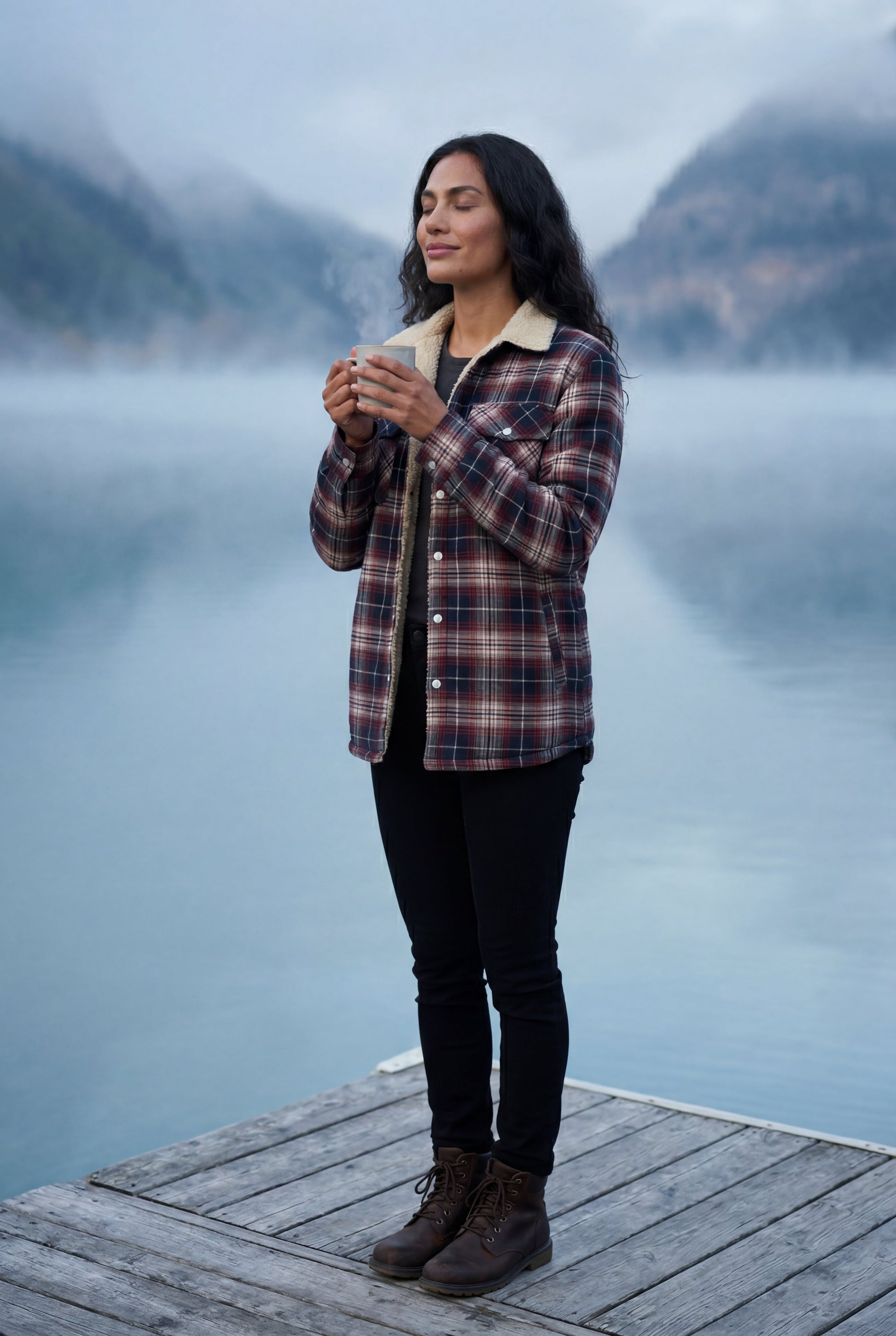 Denim Blue - A woman wearing a brown plaid check shirt jacket with a cream-coloured sherpa lining, styled with dark blue slim-fit jeans and brown leather lace-up boots against a plain grey background.