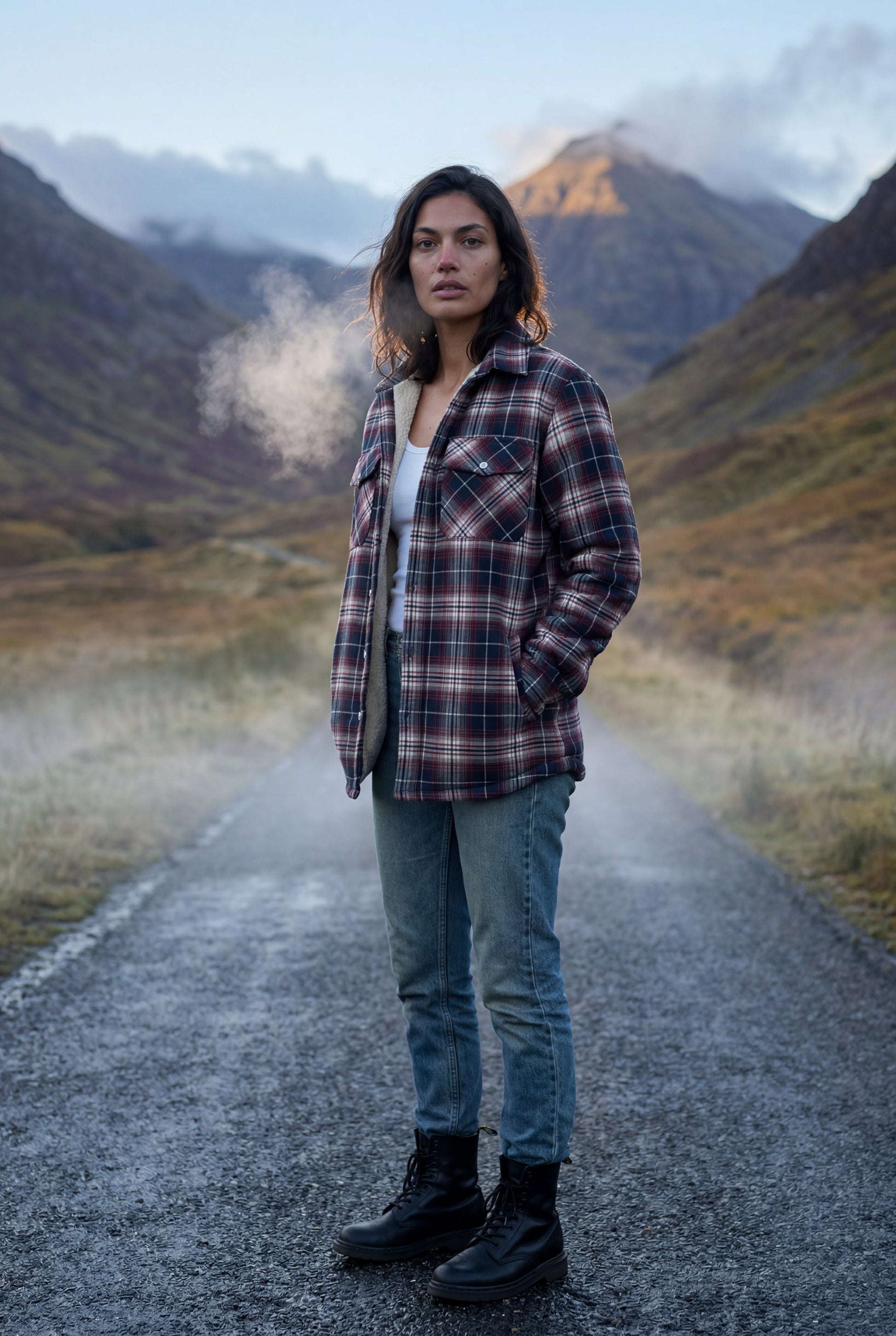 Red - A woman wearing a brown plaid check shirt jacket with a cream-coloured sherpa lining, styled with dark blue slim-fit jeans and brown leather lace-up boots against a plain grey background.