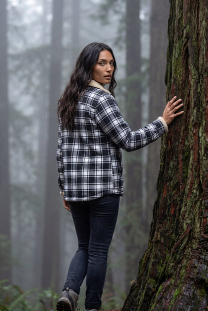 Navy Blue - A woman wearing a brown plaid check shirt jacket with a cream-coloured sherpa lining, styled with dark blue slim-fit jeans and brown leather lace-up boots against a plain grey background.