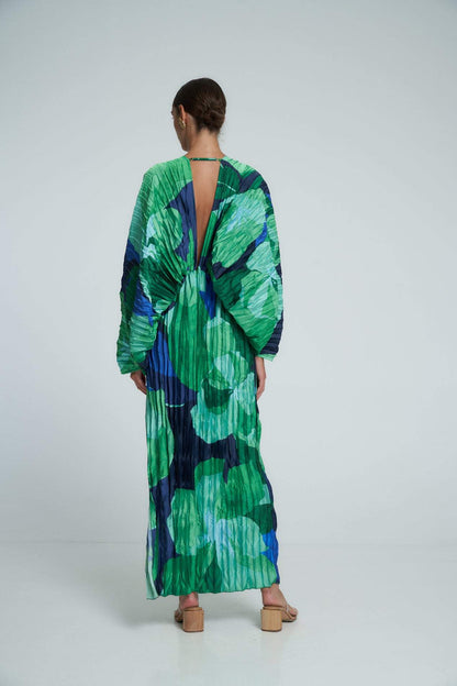 Green - Women's formal maxi dress featuring an all-over micro-pleated texture, bold green and blue abstract print, deep V-neckline, voluminous long sleeves, and a high side slit.