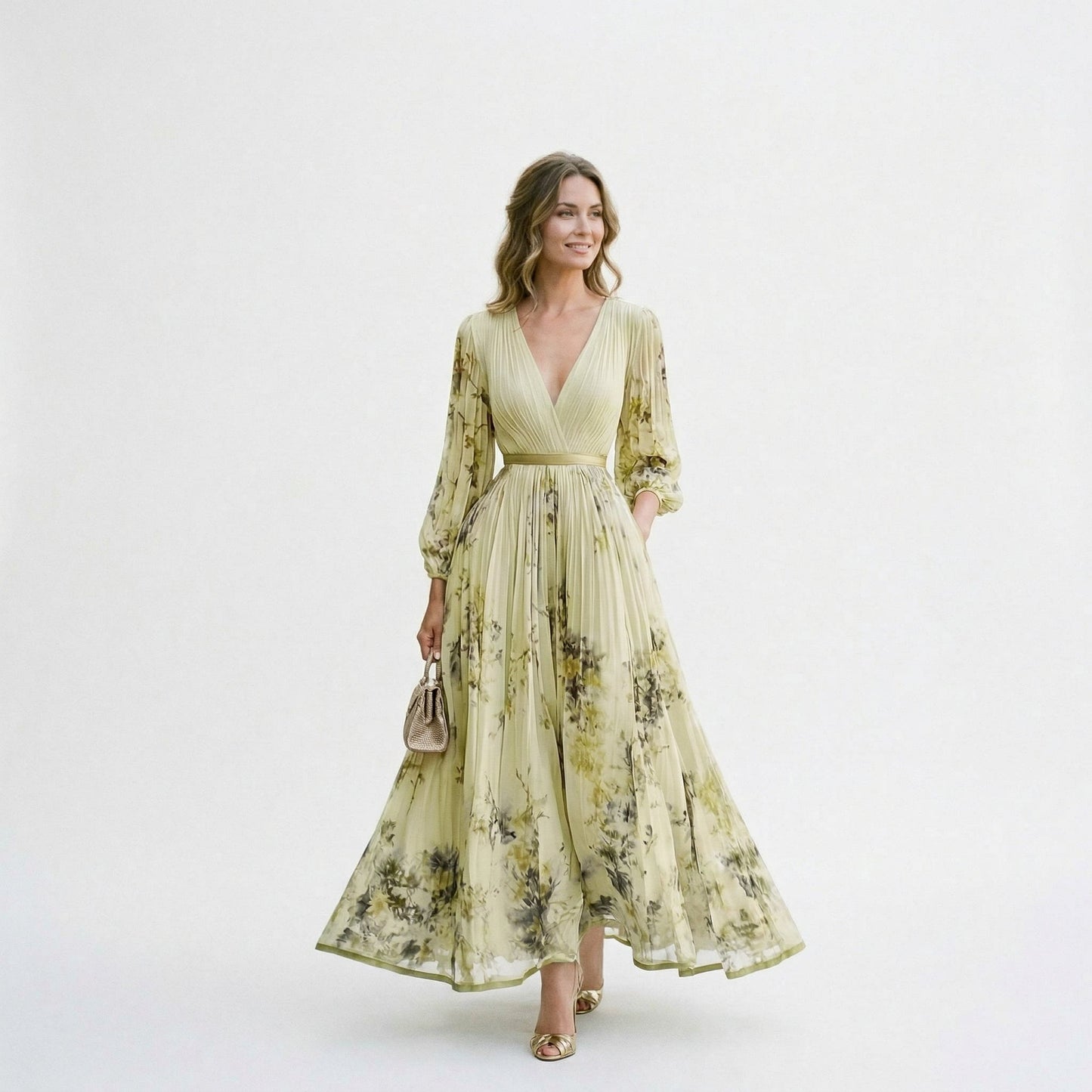 Yellow - A woman wearing a pale green long-sleeve maxi dress with a dark green floral motif, featuring a pleated chiffon texture, V-neckline, and a flowing skirt.