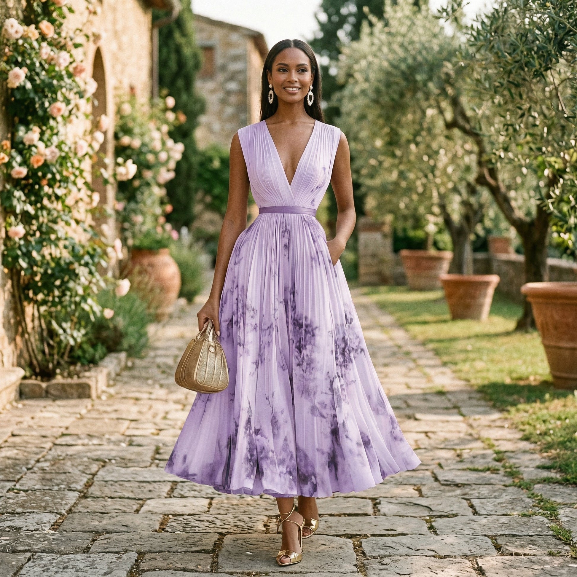 Purple - A woman wearing a pale green long-sleeve maxi dress with a dark green floral motif, featuring a pleated chiffon texture, V-neckline, and a flowing skirt.