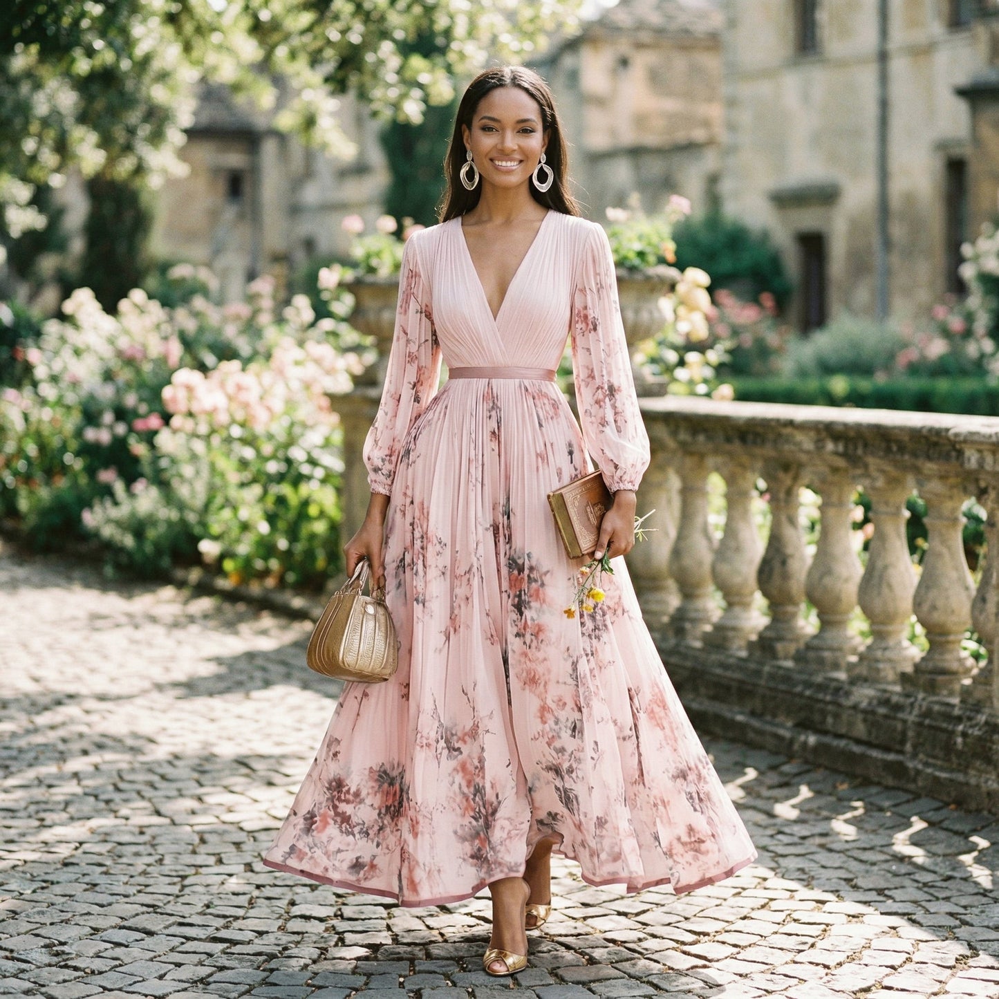 Purple - A woman wearing a pale green long-sleeve maxi dress with a dark green floral motif, featuring a pleated chiffon texture, V-neckline, and a flowing skirt.