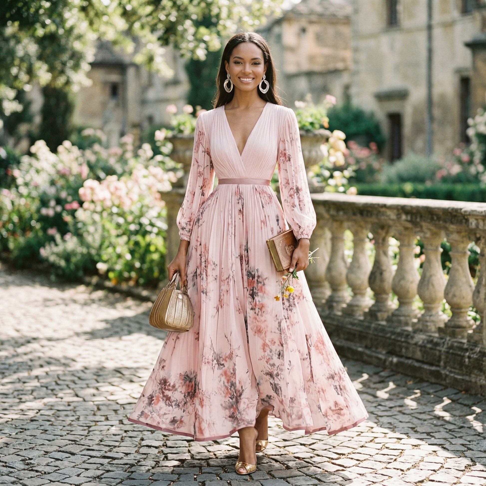 Purple - A woman wearing a pale green long-sleeve maxi dress with a dark green floral motif, featuring a pleated chiffon texture, V-neckline, and a flowing skirt.