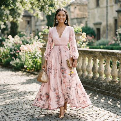 Purple - A woman wearing a pale green long-sleeve maxi dress with a dark green floral motif, featuring a pleated chiffon texture, V-neckline, and a flowing skirt.