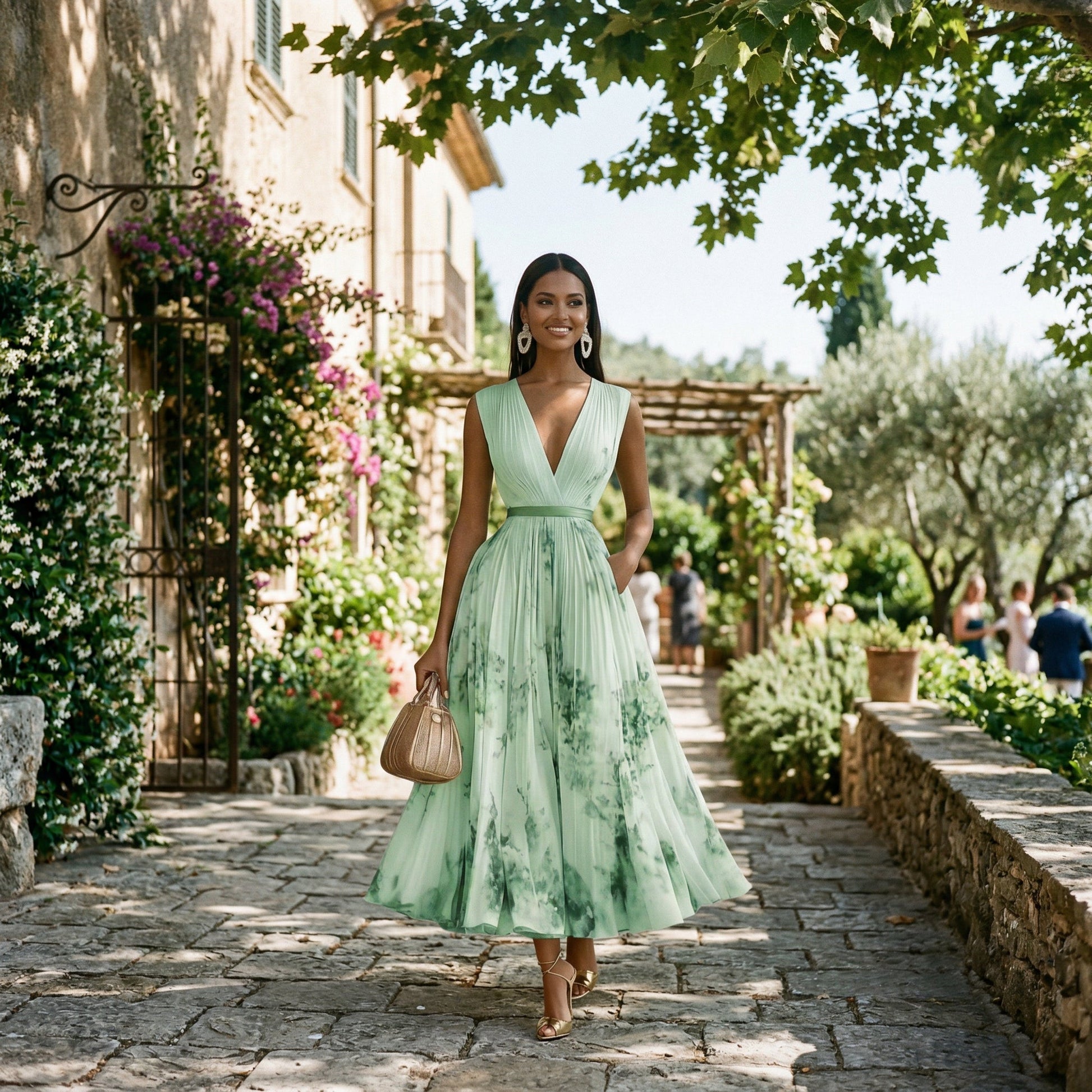 Purple - A woman wearing a pale green long-sleeve maxi dress with a dark green floral motif, featuring a pleated chiffon texture, V-neckline, and a flowing skirt.