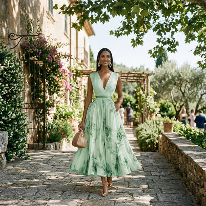 Purple - A woman wearing a pale green long-sleeve maxi dress with a dark green floral motif, featuring a pleated chiffon texture, V-neckline, and a flowing skirt.