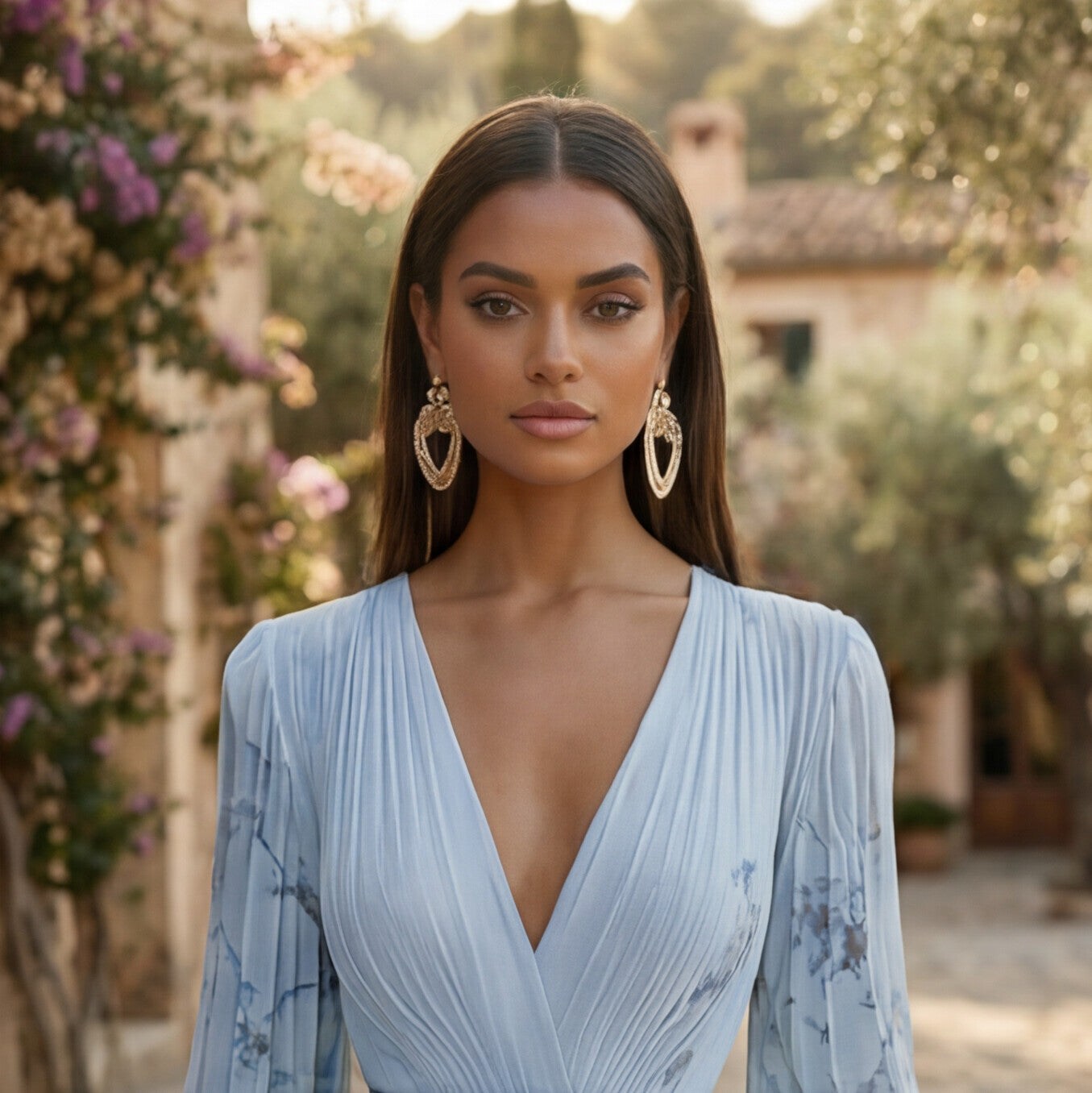 Purple - A woman wearing a pale green long-sleeve maxi dress with a dark green floral motif, featuring a pleated chiffon texture, V-neckline, and a flowing skirt.