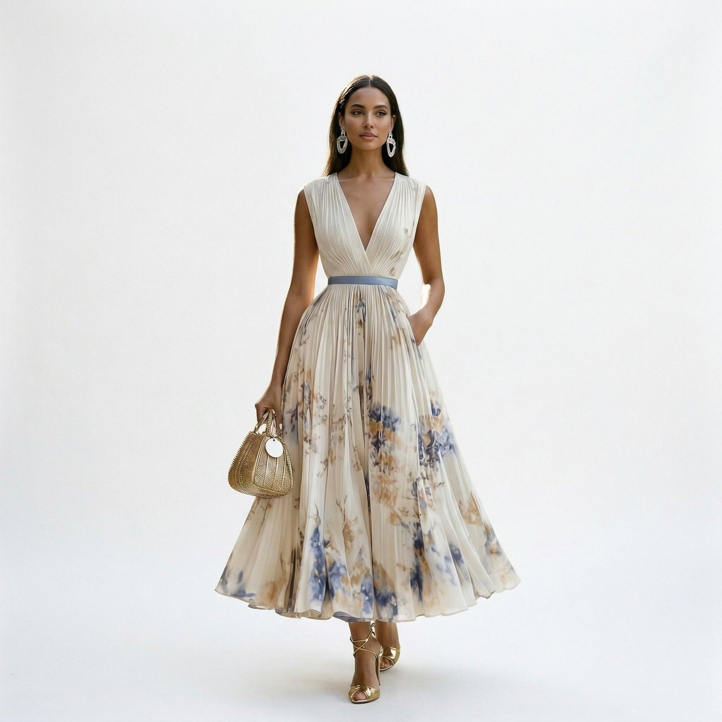 White - A woman wearing a pale green long-sleeve maxi dress with a dark green floral motif, featuring a pleated chiffon texture, V-neckline, and a flowing skirt.