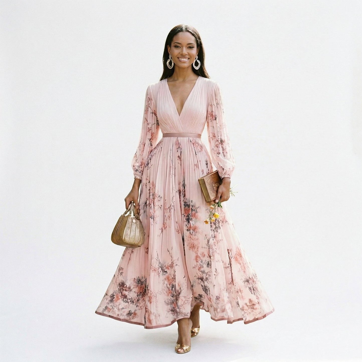 Pink - A woman wearing a pale green long-sleeve maxi dress with a dark green floral motif, featuring a pleated chiffon texture, V-neckline, and a flowing skirt.
