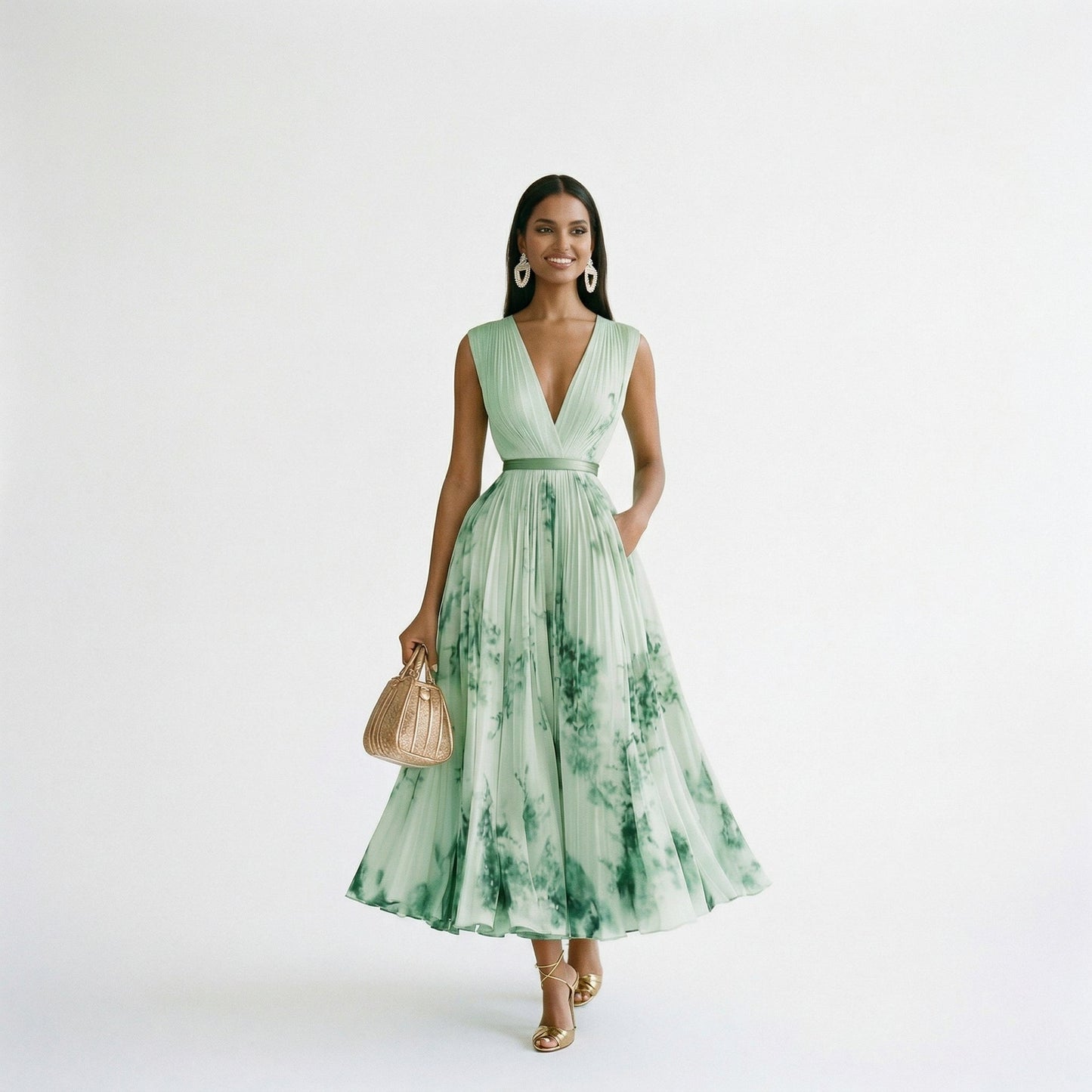 Green - A woman wearing a pale green long-sleeve maxi dress with a dark green floral motif, featuring a pleated chiffon texture, V-neckline, and a flowing skirt.