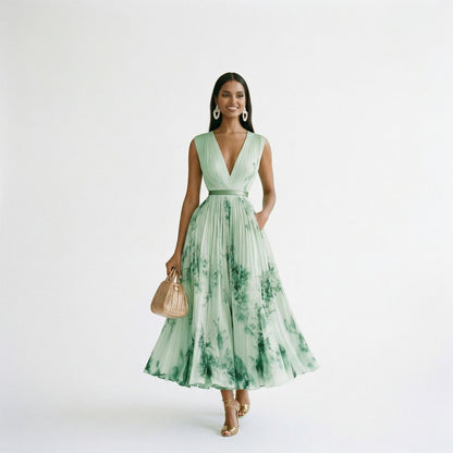 Green - A woman wearing a pale green long-sleeve maxi dress with a dark green floral motif, featuring a pleated chiffon texture, V-neckline, and a flowing skirt.