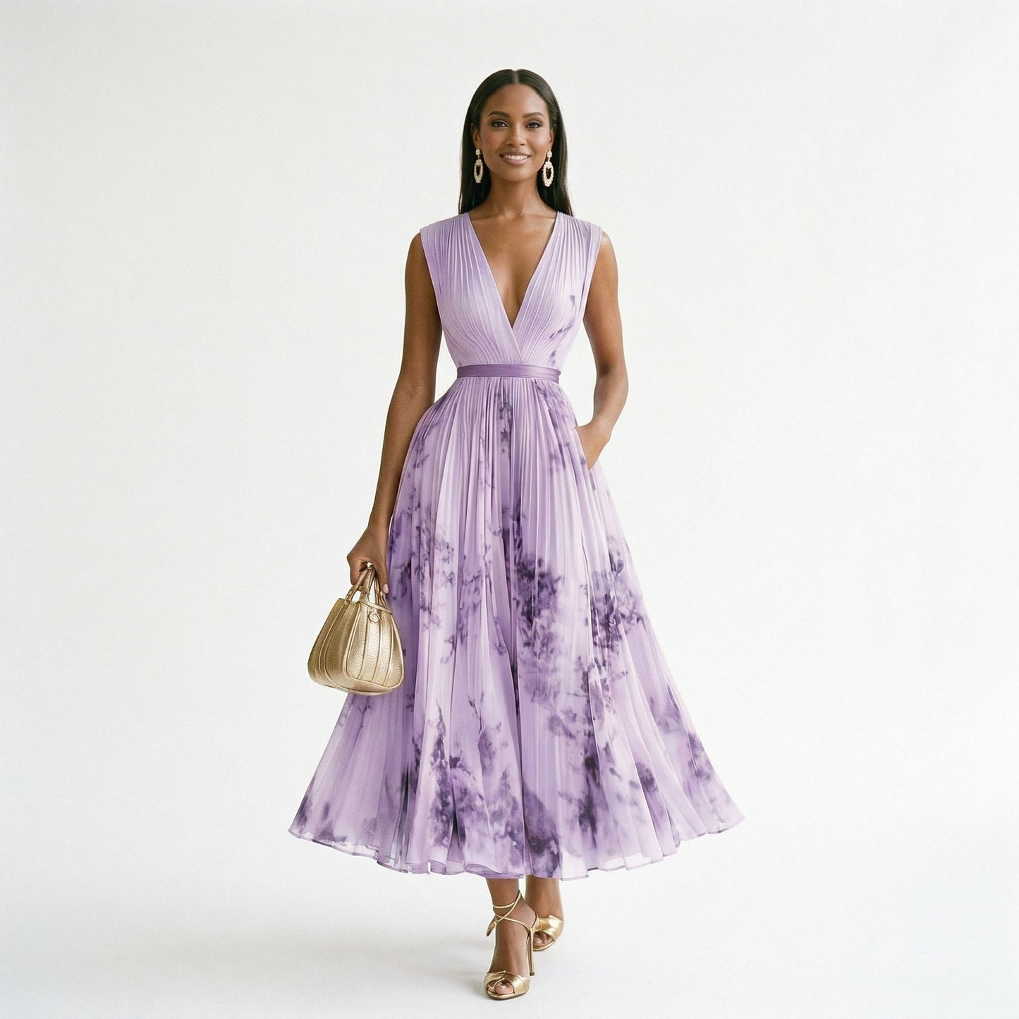 Purple - A woman wearing a pale green long-sleeve maxi dress with a dark green floral motif, featuring a pleated chiffon texture, V-neckline, and a flowing skirt.