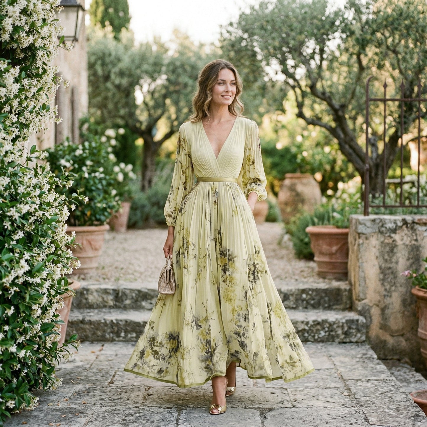 Purple - A woman wearing a pale green long-sleeve maxi dress with a dark green floral motif, featuring a pleated chiffon texture, V-neckline, and a flowing skirt.