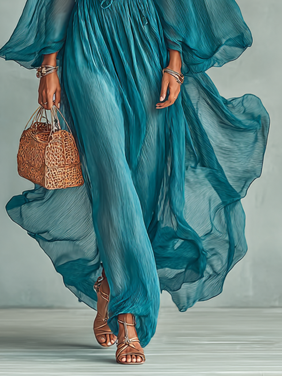 Blue - A model walks wearing a sheer black pleated chiffon maxi dress featuring long voluminous balloon sleeves, a high neckline, and a cinched tie-waist, showcasing a dramatic fluid drape.