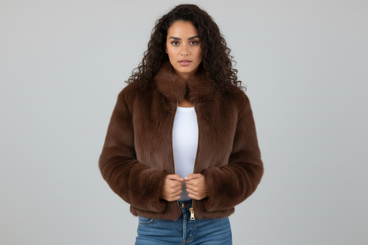Brown - A woman wearing a rich brown plush faux fur cropped jacket with a high collar and gold-tone front zipper, styled over a white t-shirt and blue jeans.