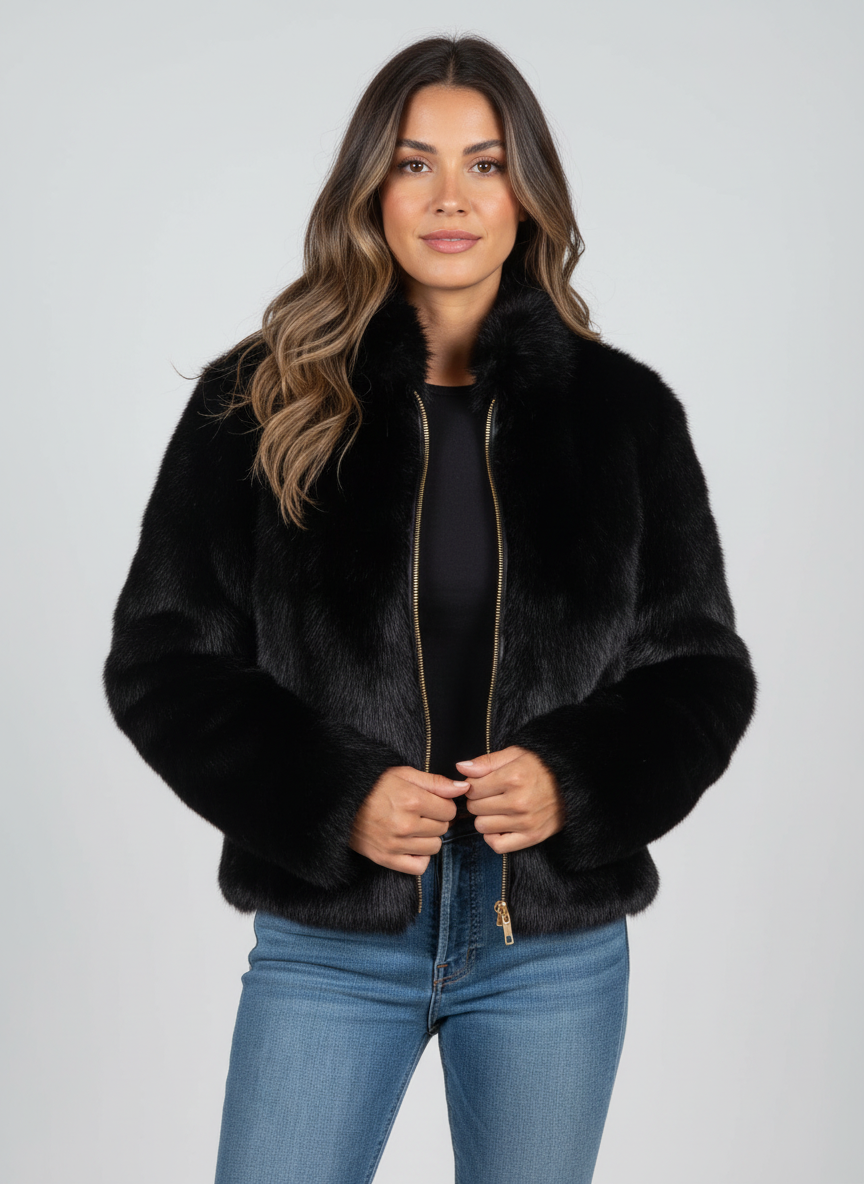 Black - A woman wearing a rich brown plush faux fur cropped jacket with a high collar and gold-tone front zipper, styled over a white t-shirt and blue jeans.