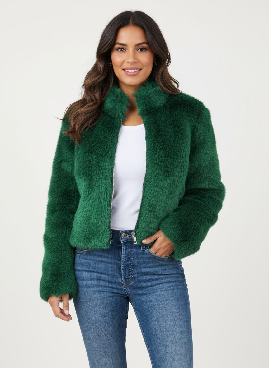Green - A woman wearing a rich brown plush faux fur cropped jacket with a high collar and gold-tone front zipper, styled over a white t-shirt and blue jeans.