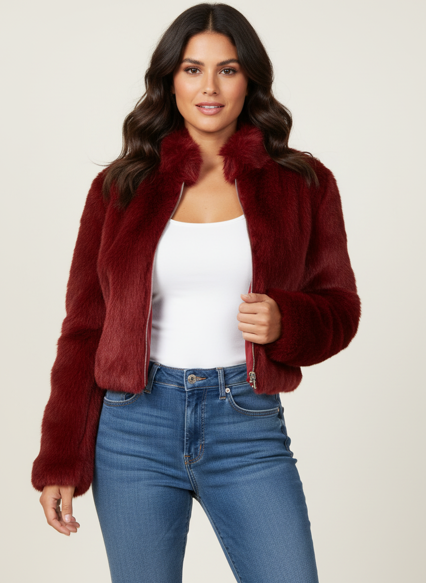 Red - A woman wearing a rich brown plush faux fur cropped jacket with a high collar and gold-tone front zipper, styled over a white t-shirt and blue jeans.