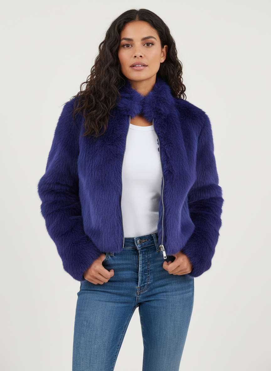 Blue - A woman wearing a rich brown plush faux fur cropped jacket with a high collar and gold-tone front zipper, styled over a white t-shirt and blue jeans.