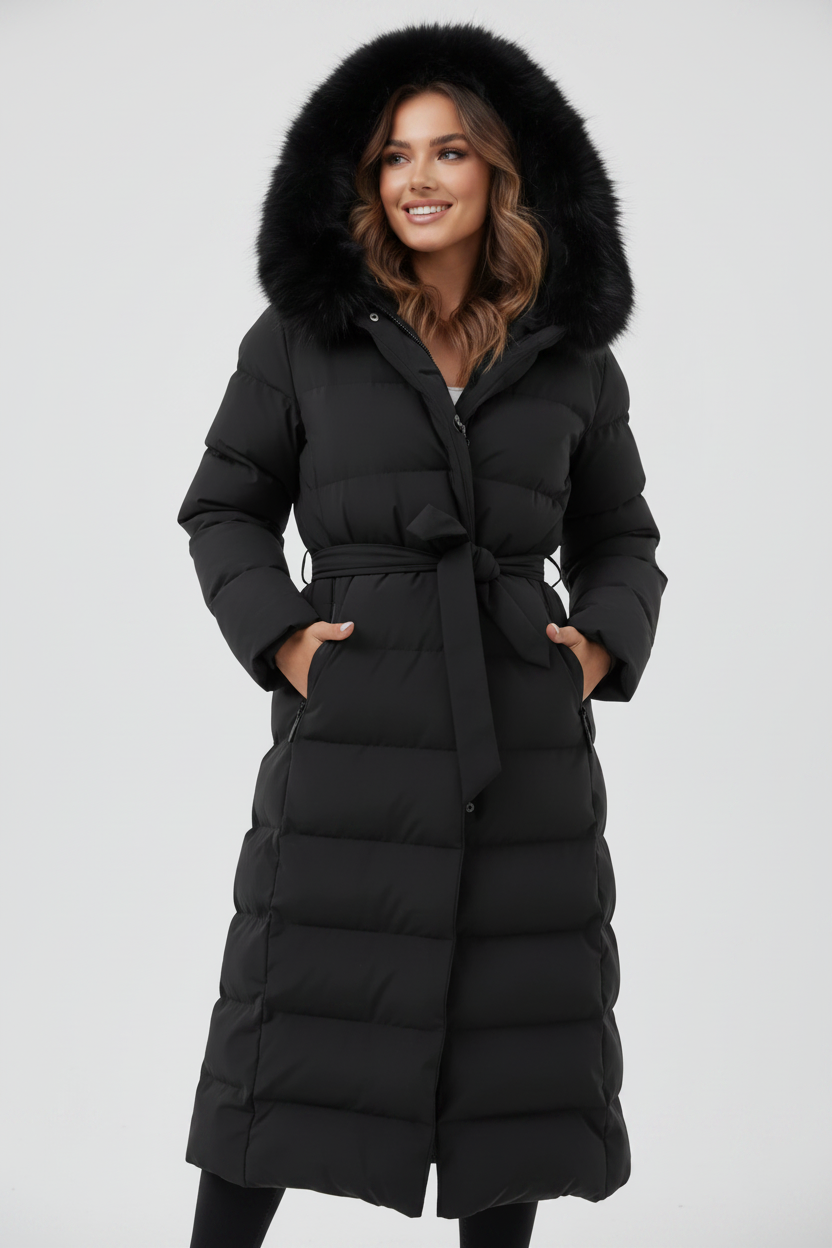 Black - A woman wearing a longline black quilted puffer coat with a plush black fur-trimmed hood and a self-tie belted waist, set against a clean white background.