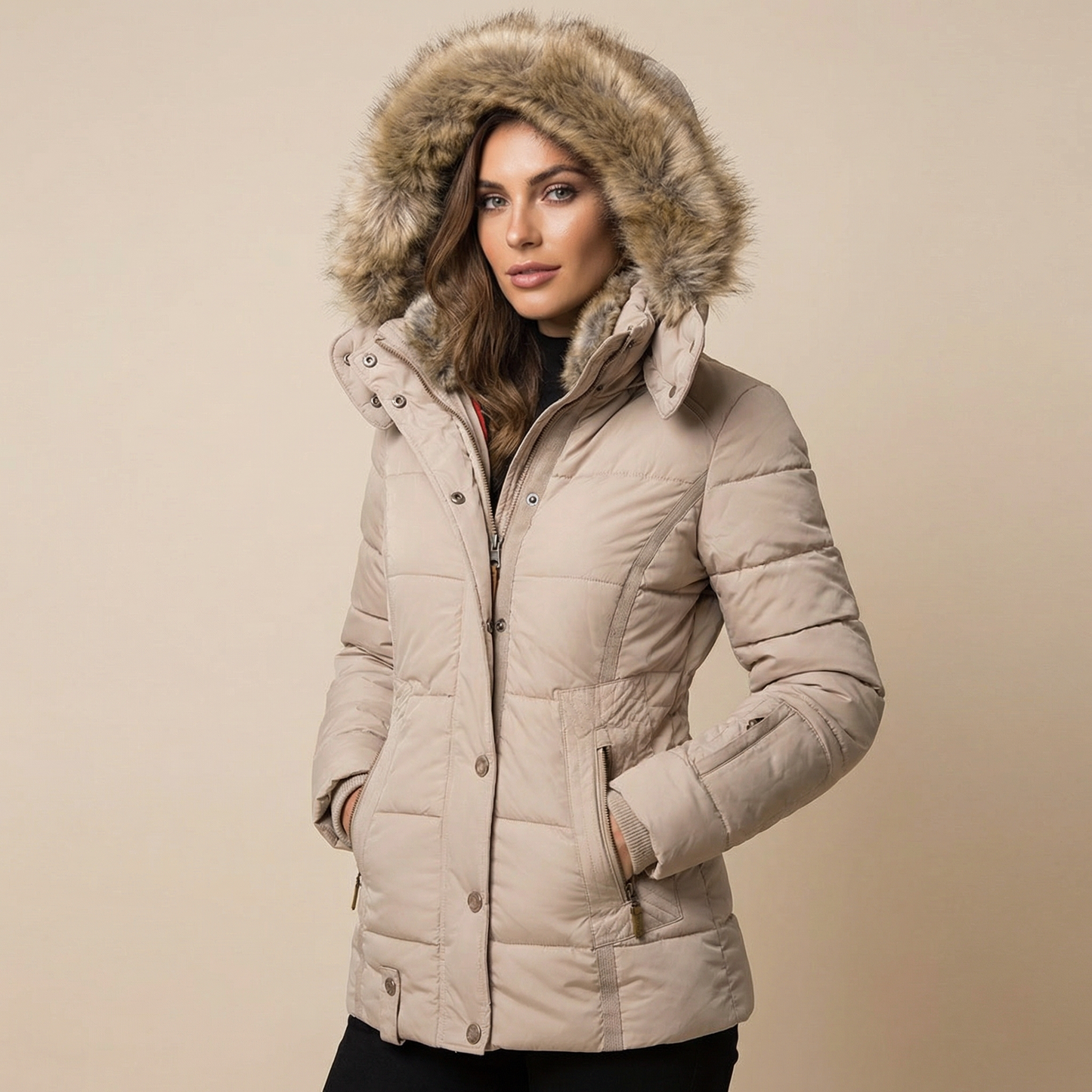 Apricot - A woman wearing a beige mid-length quilted puffer jacket with a plush faux-fur trimmed hood, featuring a zipped front and tailored waist.