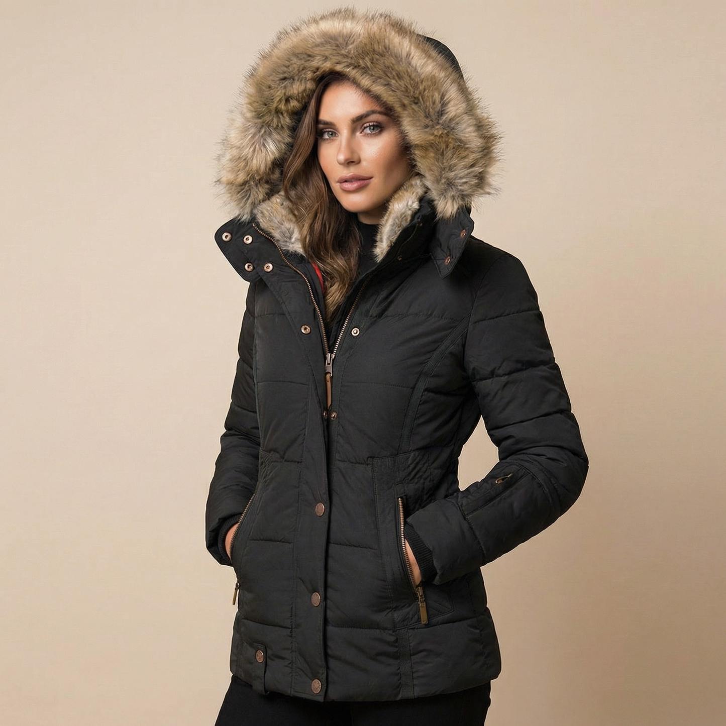 Black - A woman wearing a beige mid-length quilted puffer jacket with a plush faux-fur trimmed hood, featuring a zipped front and tailored waist.