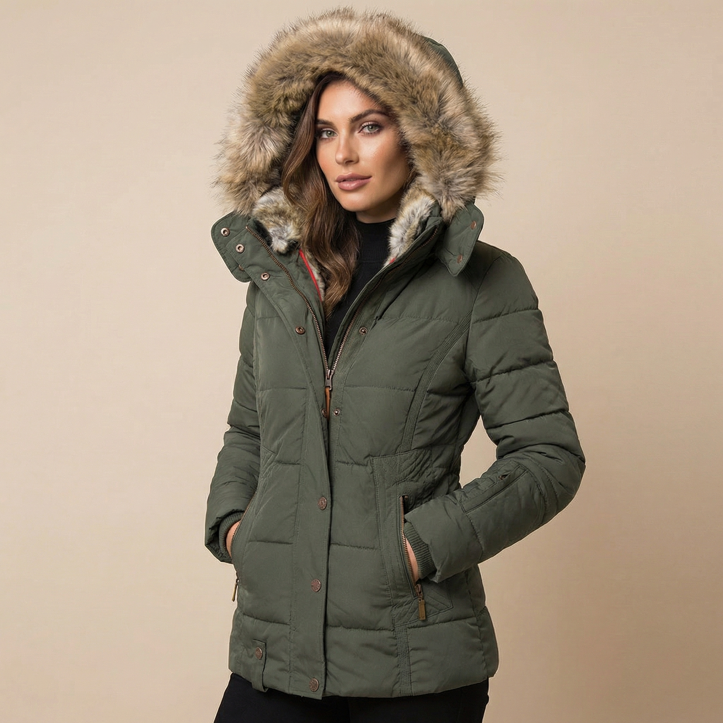 Military Green - A woman wearing a beige mid-length quilted puffer jacket with a plush faux-fur trimmed hood, featuring a zipped front and tailored waist.
