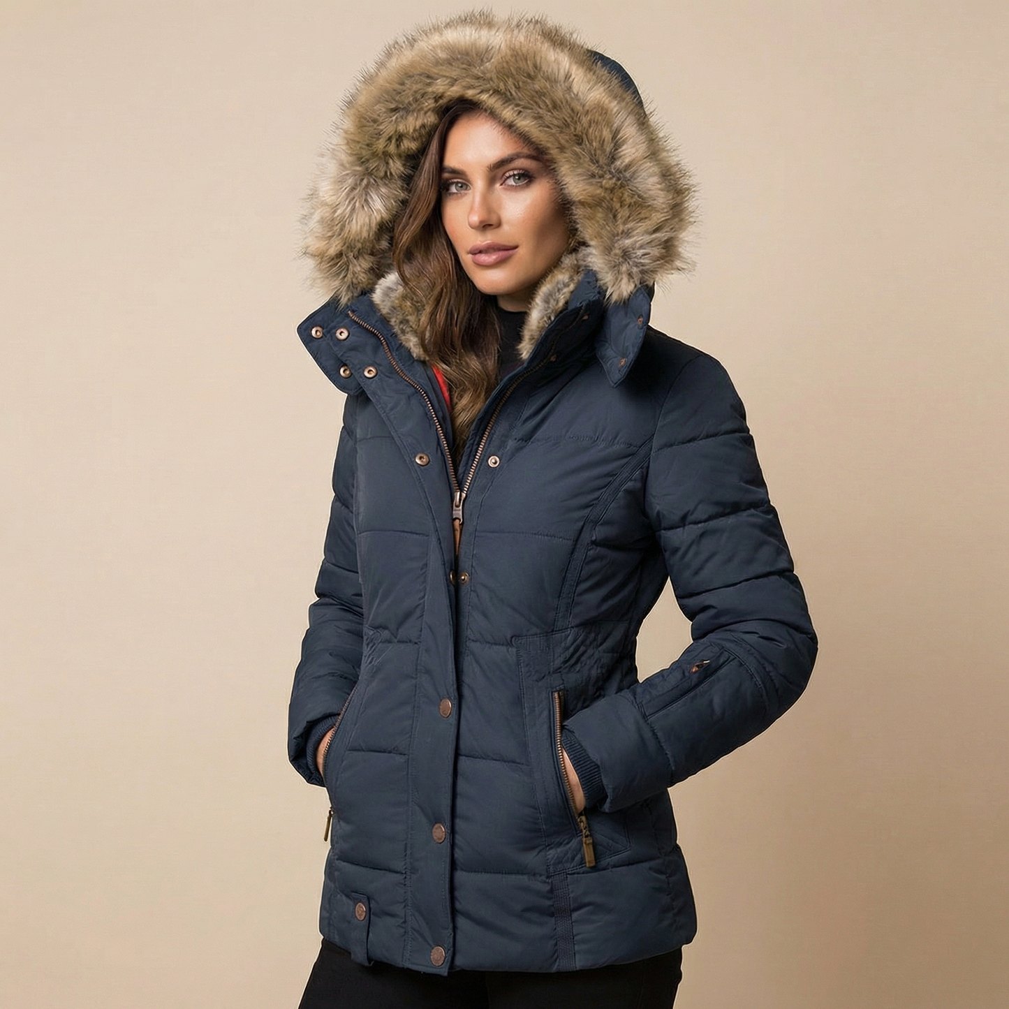 Blue - A woman wearing a beige mid-length quilted puffer jacket with a plush faux-fur trimmed hood, featuring a zipped front and tailored waist.