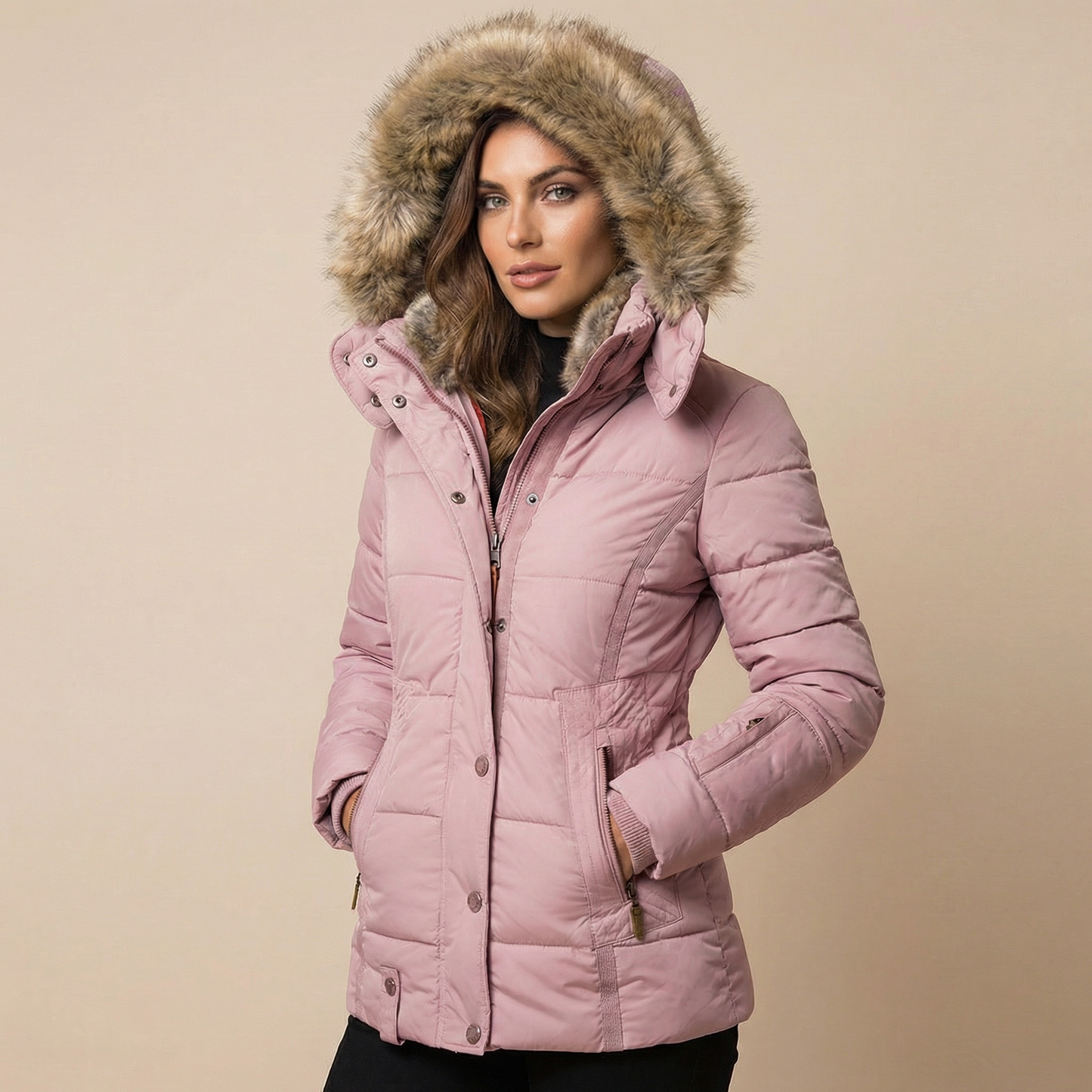 Pink - A woman wearing a beige mid-length quilted puffer jacket with a plush faux-fur trimmed hood, featuring a zipped front and tailored waist.