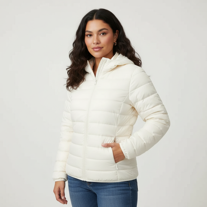 White - A woman wearing an off-white hooded puffer jacket with horizontal quilting, zipped up, paired with blue jeans against a plain white background.