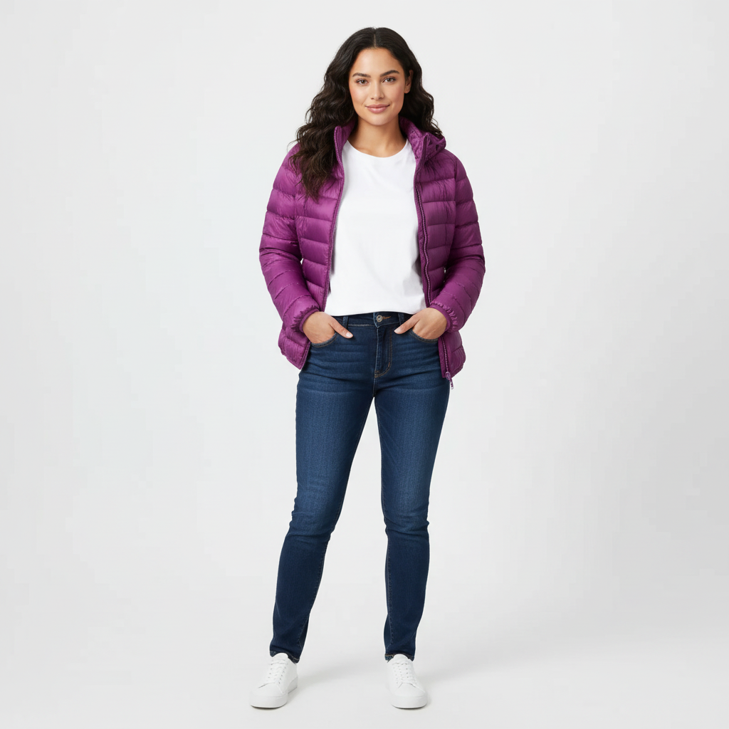 Purple - A woman wearing an off-white hooded puffer jacket with horizontal quilting, zipped up, paired with blue jeans against a plain white background.