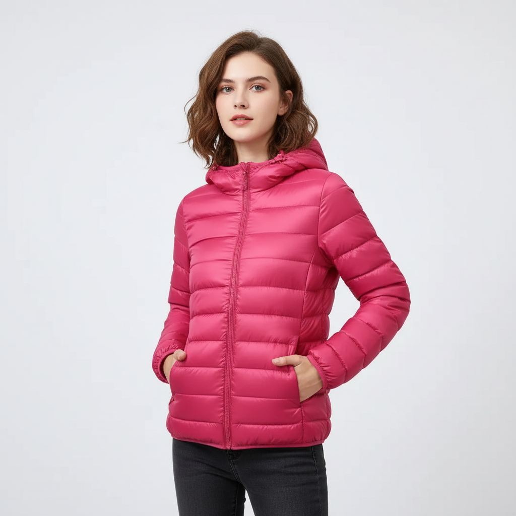 Pink - A woman wearing an off-white hooded puffer jacket with horizontal quilting, zipped up, paired with blue jeans against a plain white background.