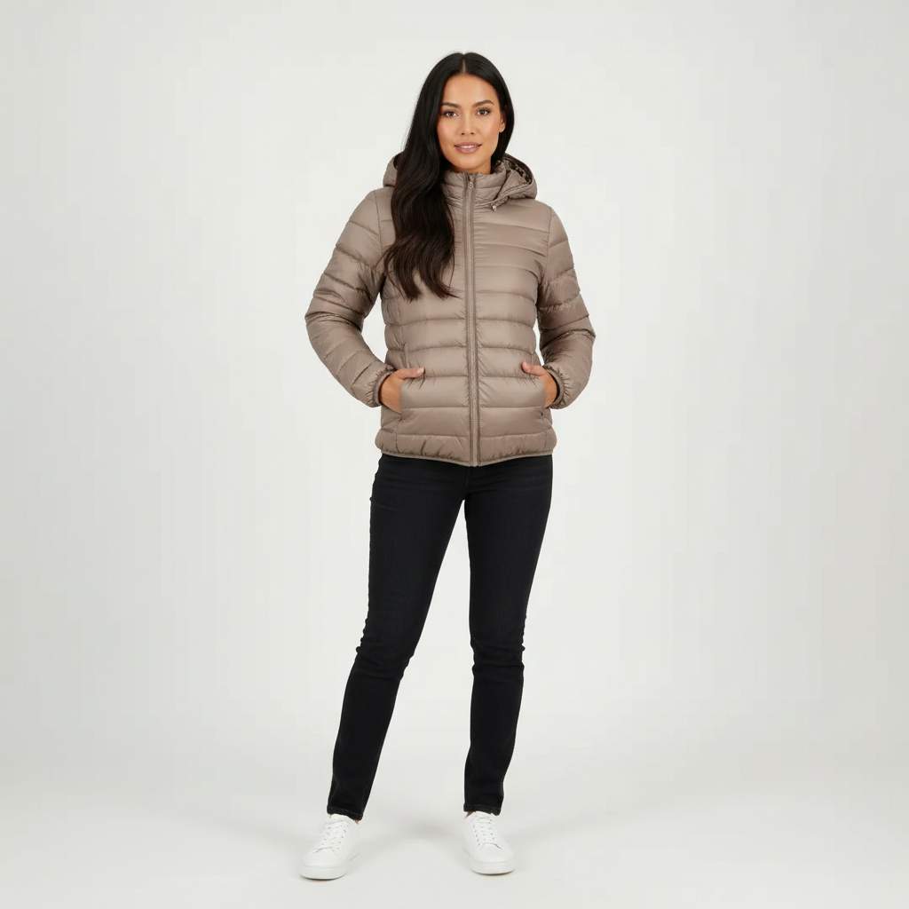Khaki - A woman wearing an off-white hooded puffer jacket with horizontal quilting, zipped up, paired with blue jeans against a plain white background.